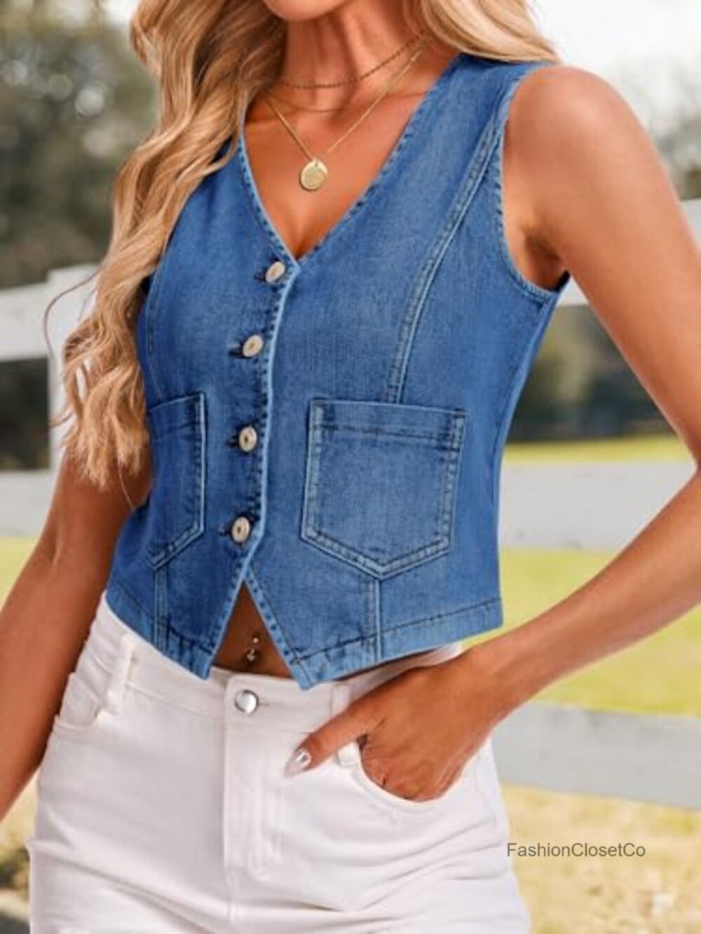 Sleeveless Denim Vest with Pockets Button Down Crop Top Women - Picture 3 of 7